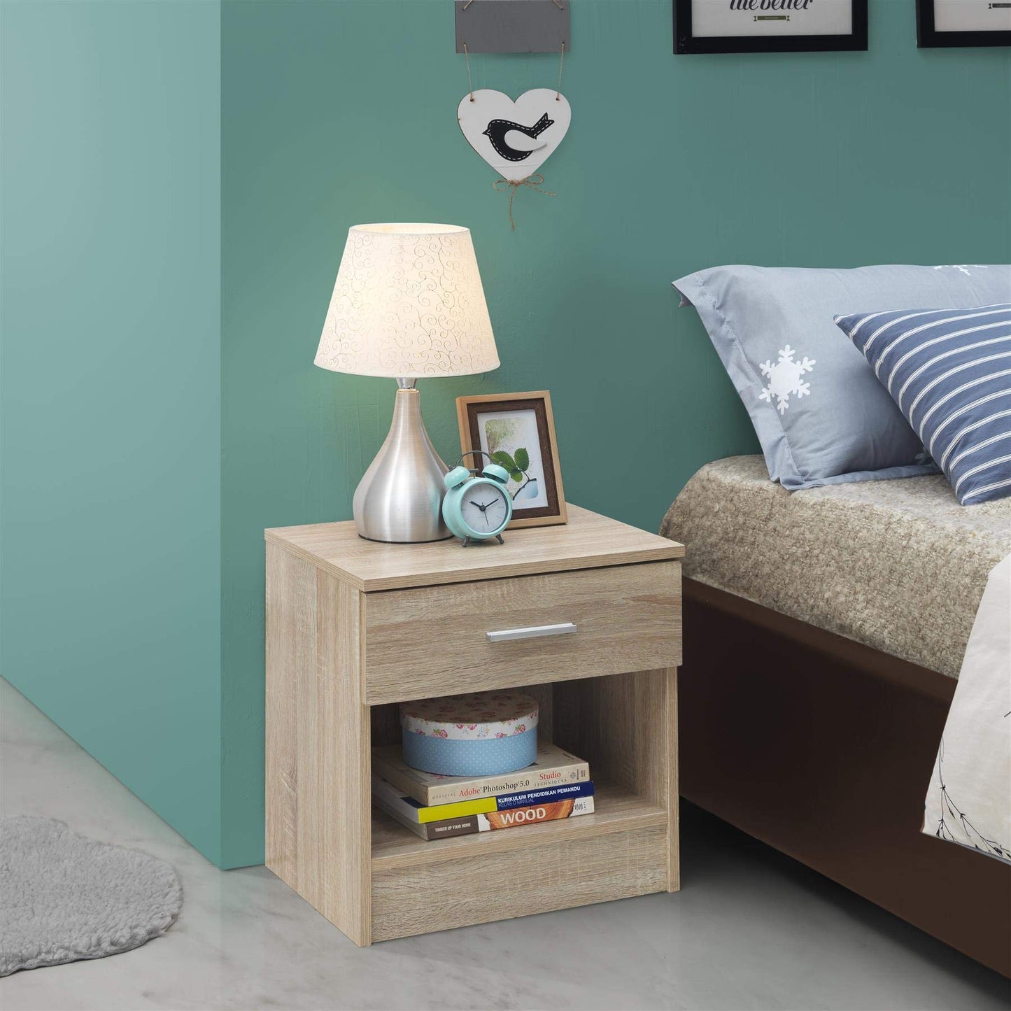 Timber Art Design UK Rio Costa Bedside Table with 1 Drawer & Shelf Cabinet Storage Unit Nightstand Table Modern Furniture for Living Room, Bedroom