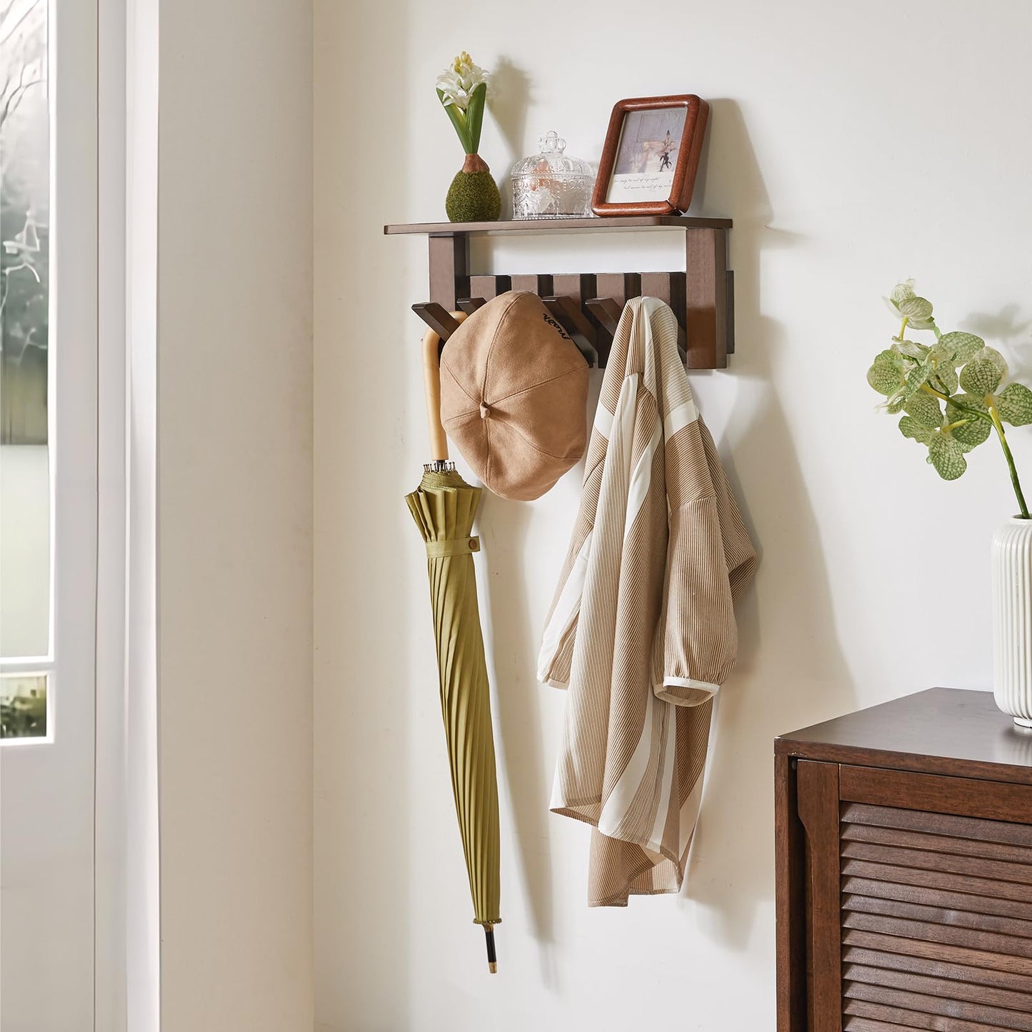 YMYNY Piano Key Coat Hooks Wall Mounted with Shelf, Walnut, HWS008H-2