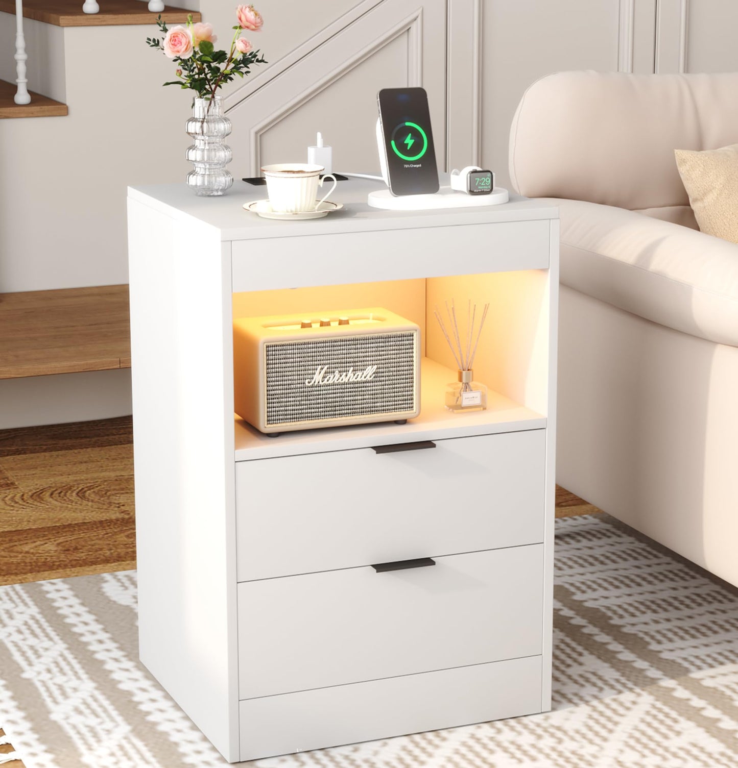 Yusong LED Nightstand Bedside Table with Charging Station 2 Drawers, White Modern Sofa Couch End Side Table with Lights, Invisible Lock and Pull-Out