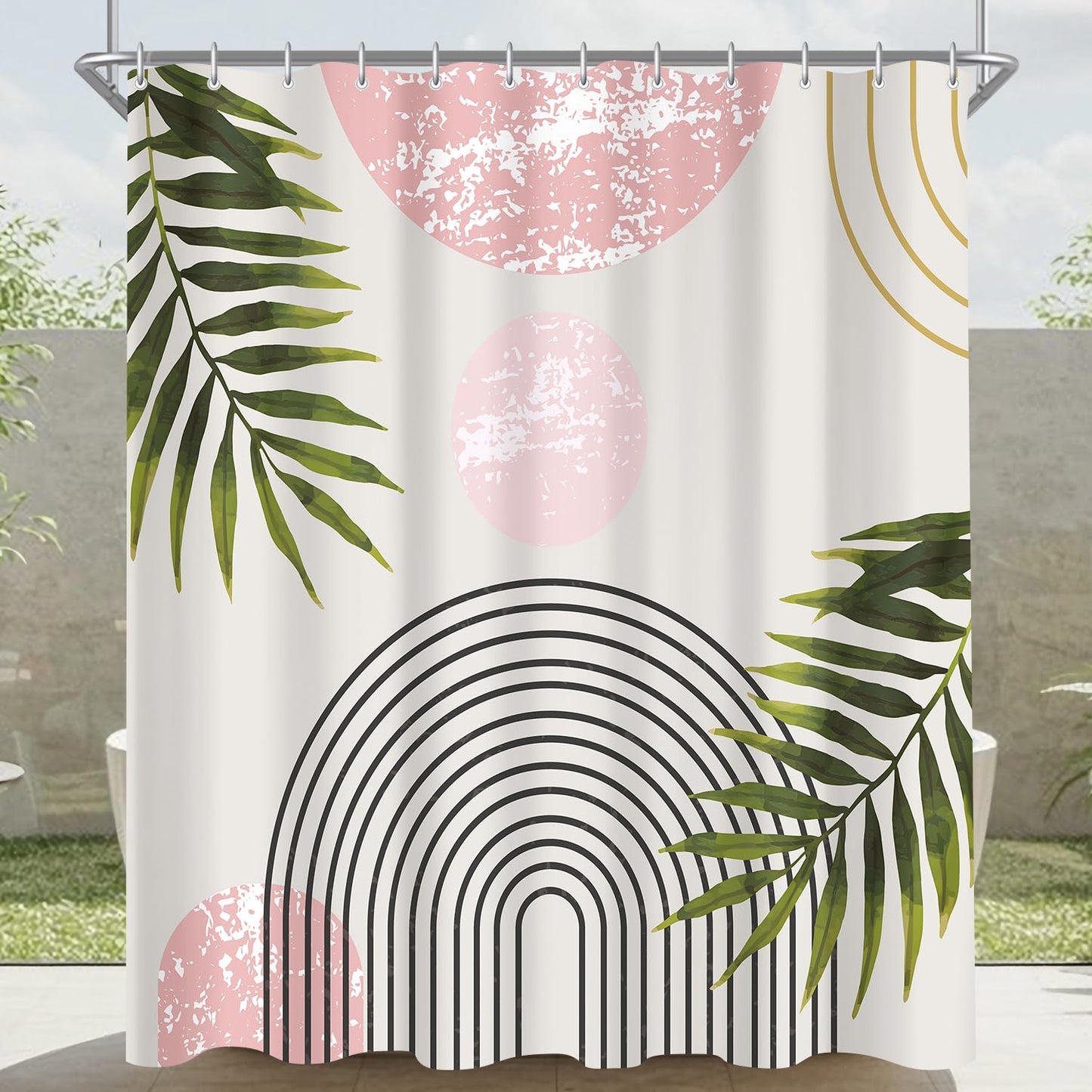 Lerores Shower Curtain, 120 x 200 cm, Pink Leaves Line, Weighted Hem, Anti-Mould, Water-Repellent, Washable Polyester Bath Curtains with 8 Eyelets and