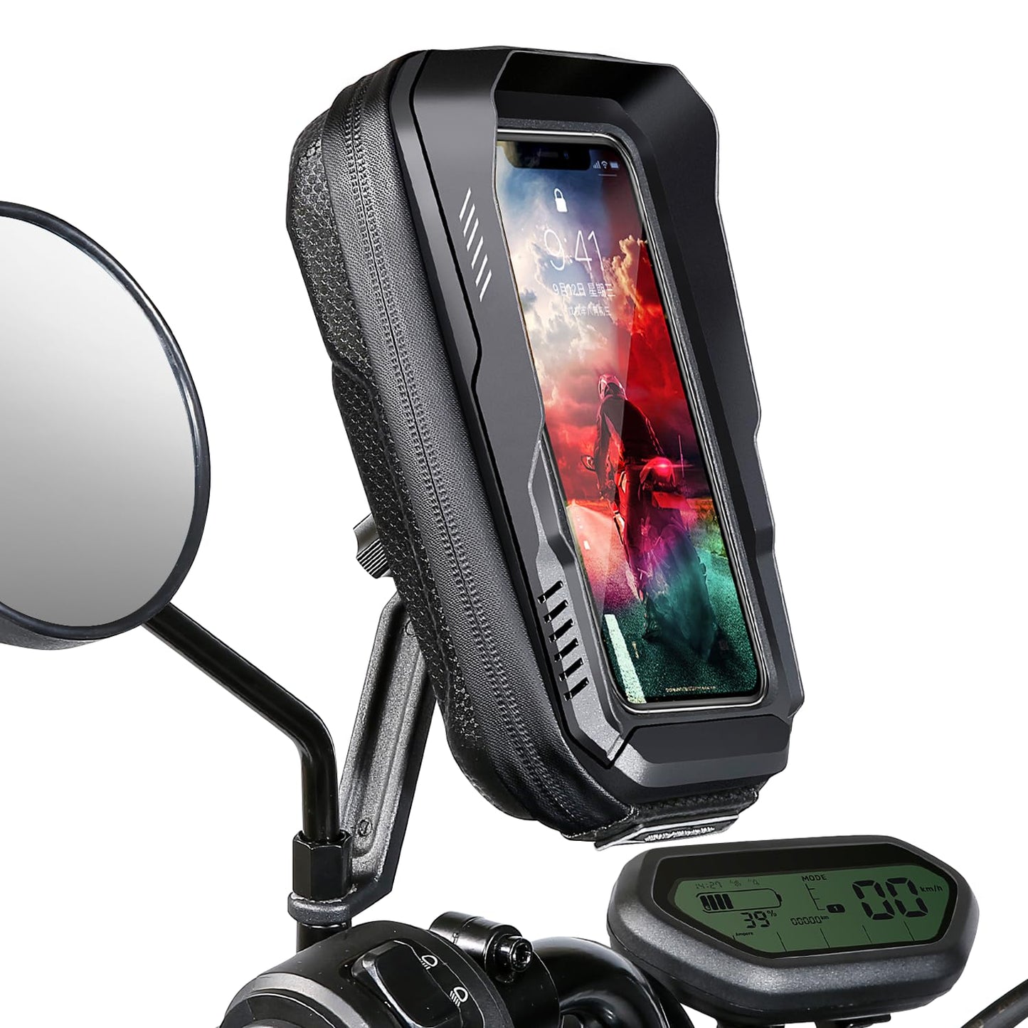 JUYANO Motorbike Phone Holder Waterproof Motorcycle Phone Mount Anti Vibration 360?Rotation Moped Cell Phone Mount with Rain Cover Sun Visor,Rearview