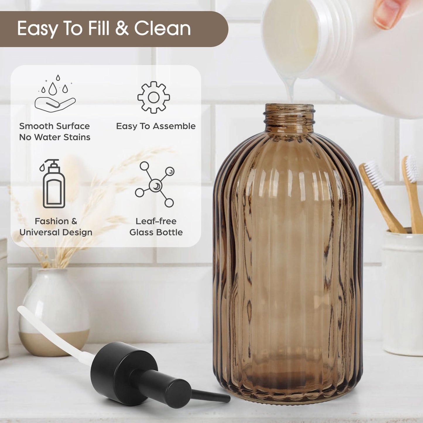 Topsky Glass Soap Dispenser with Black Rustproof Plastic Pump, 400ml Amber