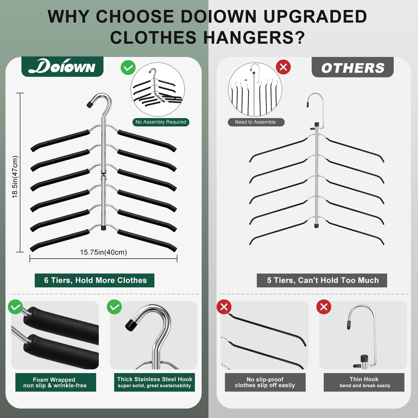 DOIOWN Clothes Hangers Space Saving - 6 Tier Coat Hangers Space Saving Hangers Non Slip Foam Padded Hangers