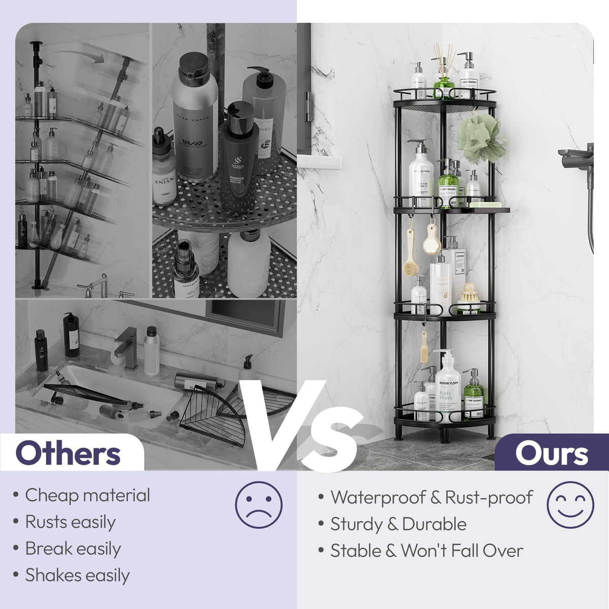 SWTYMIKI Corner Shower Caddy Standing - 4 Tier Stainless Steel Shower Organizer Stand with 4 Hooks & Soap Holder, Rustproof Metal Standing Tall Floor
