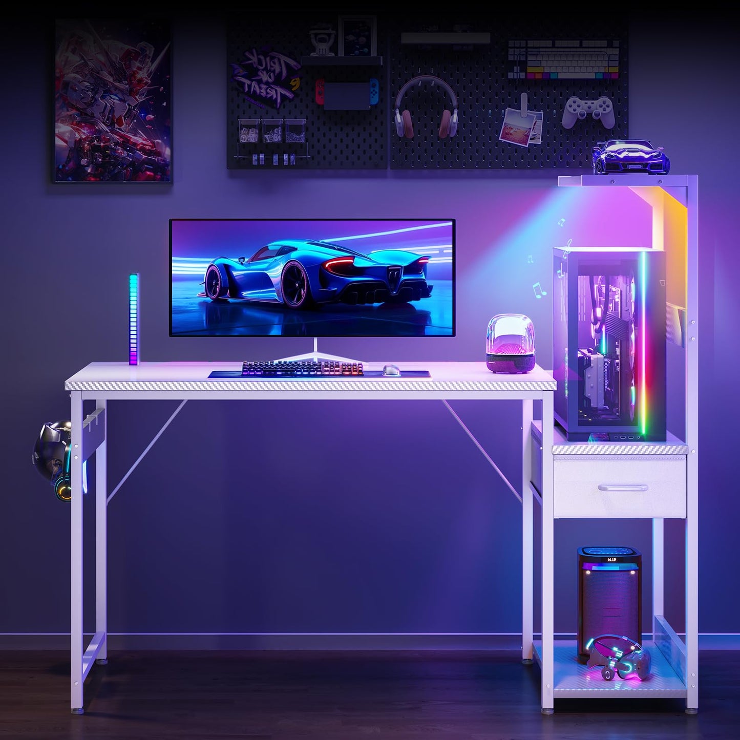 Coleshome 120×48 cm Gaming Desk with LED Lights, Carbon Fiber White