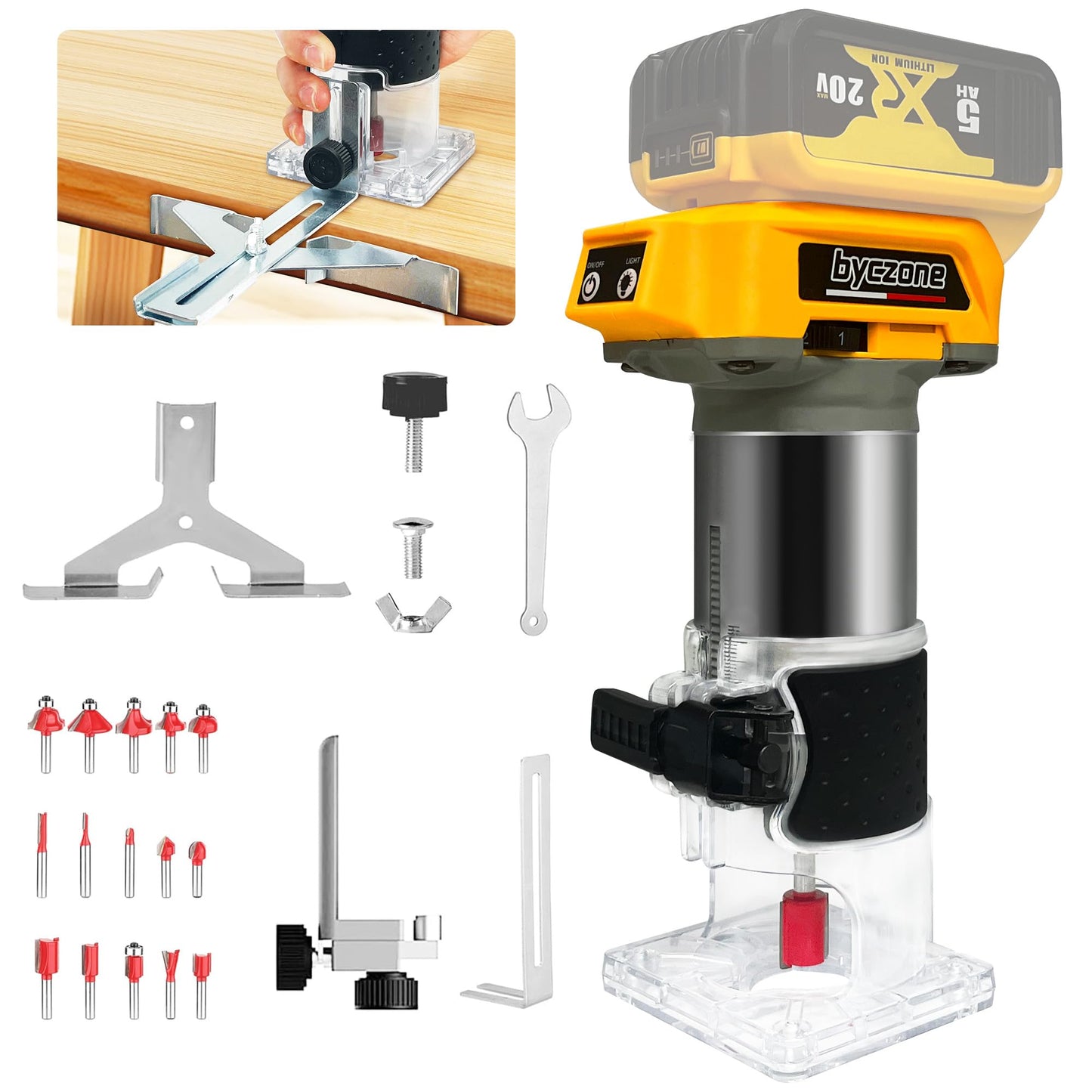 Cordless Wood Router Trimmer for Dewalt 20V Battery, 6 Speeds Wood Trimmer Set, 800W - 30000 RPM Brushless Motor Hand Palm Router with 15pcs 1/4"Shank