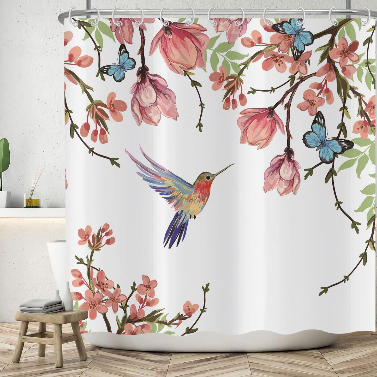 ASDCXZ Flower Shower Curtain 180x200 cm, Spring Rose Flowers Green Leaves Blue Butterfly Colorful Bird Washable Shower Curtains Polyester Textile