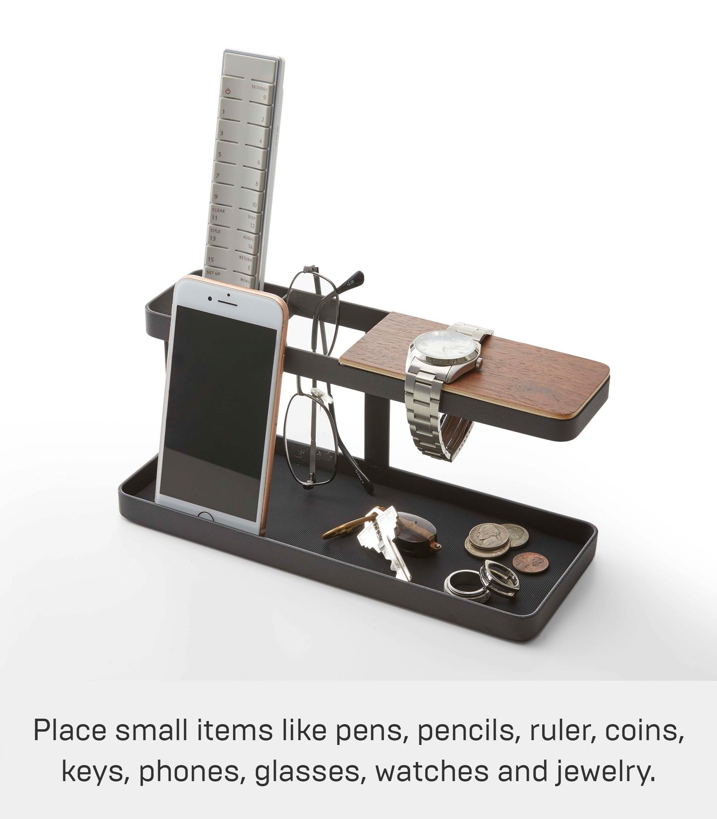 YAMAZAKI 2300 TOWER Desk Organizer, Black, Steel/Wood, Minimalist Design, 24.5 x 9.7 x 11.3 cm (LxWxH)