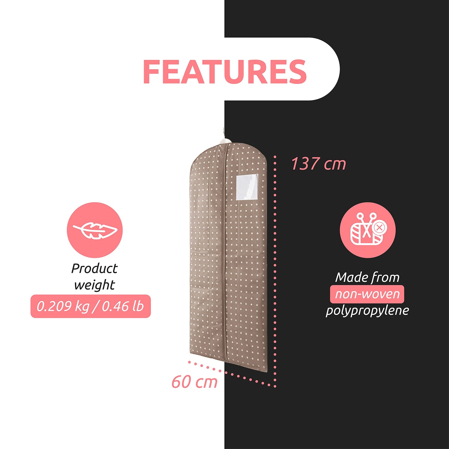 Compactor Clothes Cover Bag, Long Length for Dresses and Coats, Zip Closure, Anti-Dust, Rivoli Range, Brown/White, 60 x 137 cm, RAN4391_BROWN