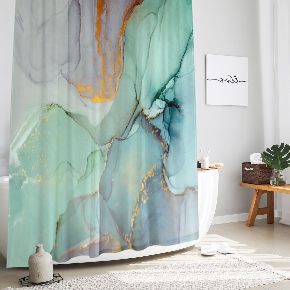 Gibelle Abstract Marble Shower Curtain, Blue Green Purple Jade Texture Gold Stripes Ombre Watercolor Paint, Modern Ink Art Decor Waterproof Fabric