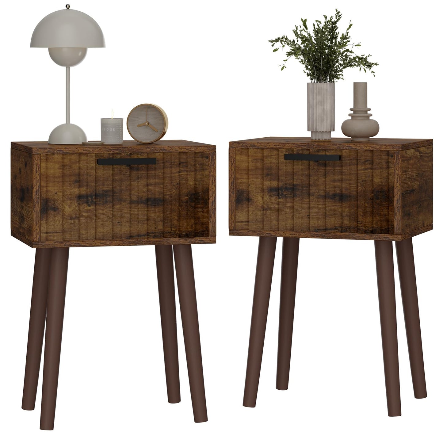YMYNY Fluted Nightstand Set of 2, Small End Table, Modern Coffee Table with Drawer, Solid Wood Legs, Retaining Chain, 35x27x53cm