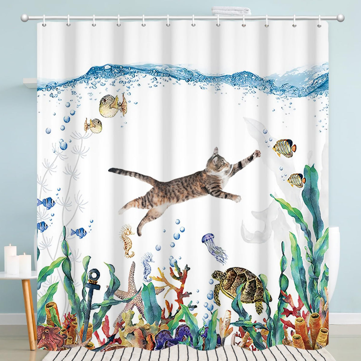 GCIREC Shower Curtain, 180x180cm, Abstract Cute Cat Funny Kitten Swimming in Ocean Tropical Sea Turtle Starfish Waterproof Fabric Machine Washable
