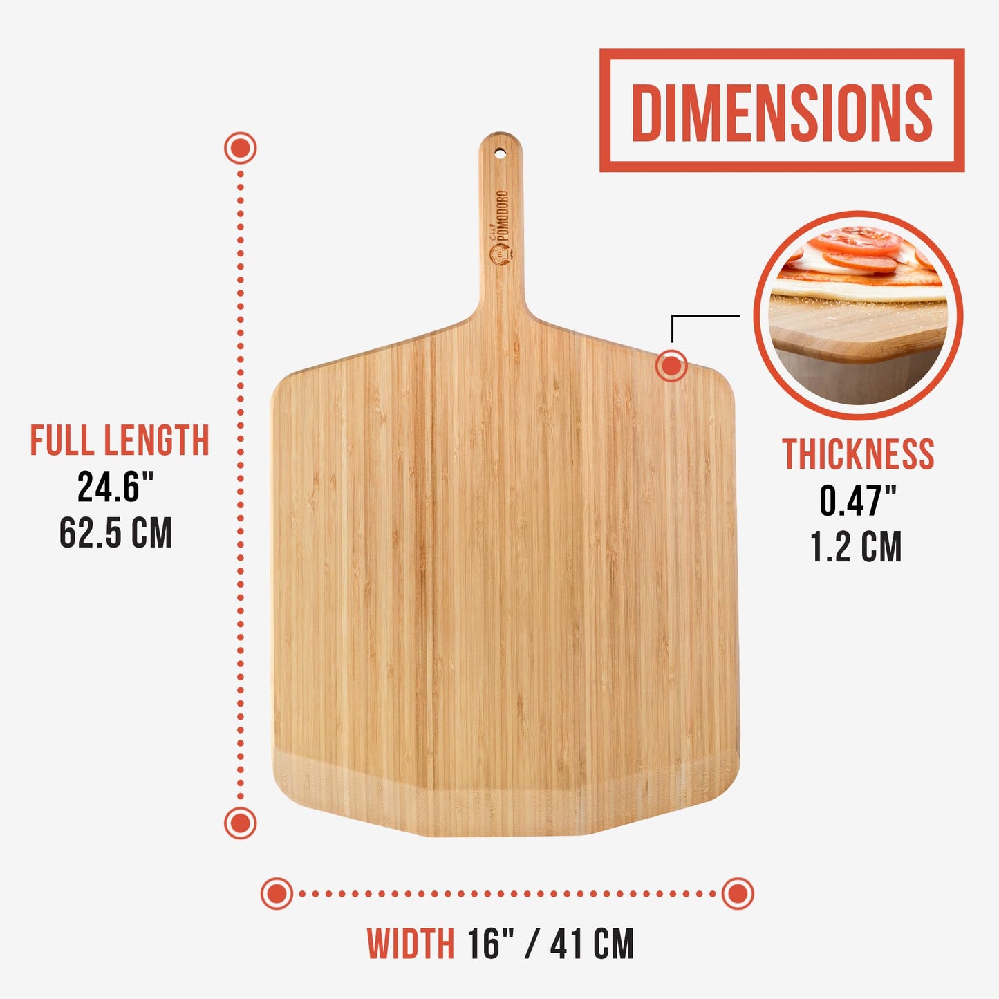 Chef Pomodoro 16-inch Bamboo Pizza Peel, Wooden Pizza Peel 16 Inch (41 cm), Pizza Paddle, Wood Pizza Board, Pizza Peel with Handle, Pizza Oven
