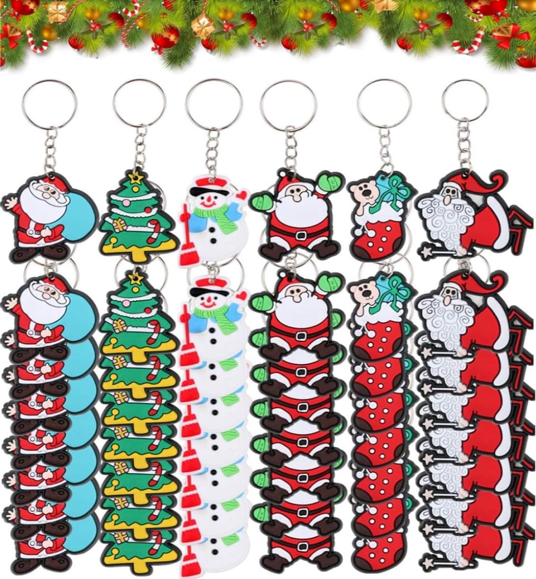 LATERN 120Pcs Christmas Keychains, 6 Styles Cartoon Christmas Keyrings Santa Claus Snowman Christma Tree Stocking Key Chains for Xmas Gifts Christma