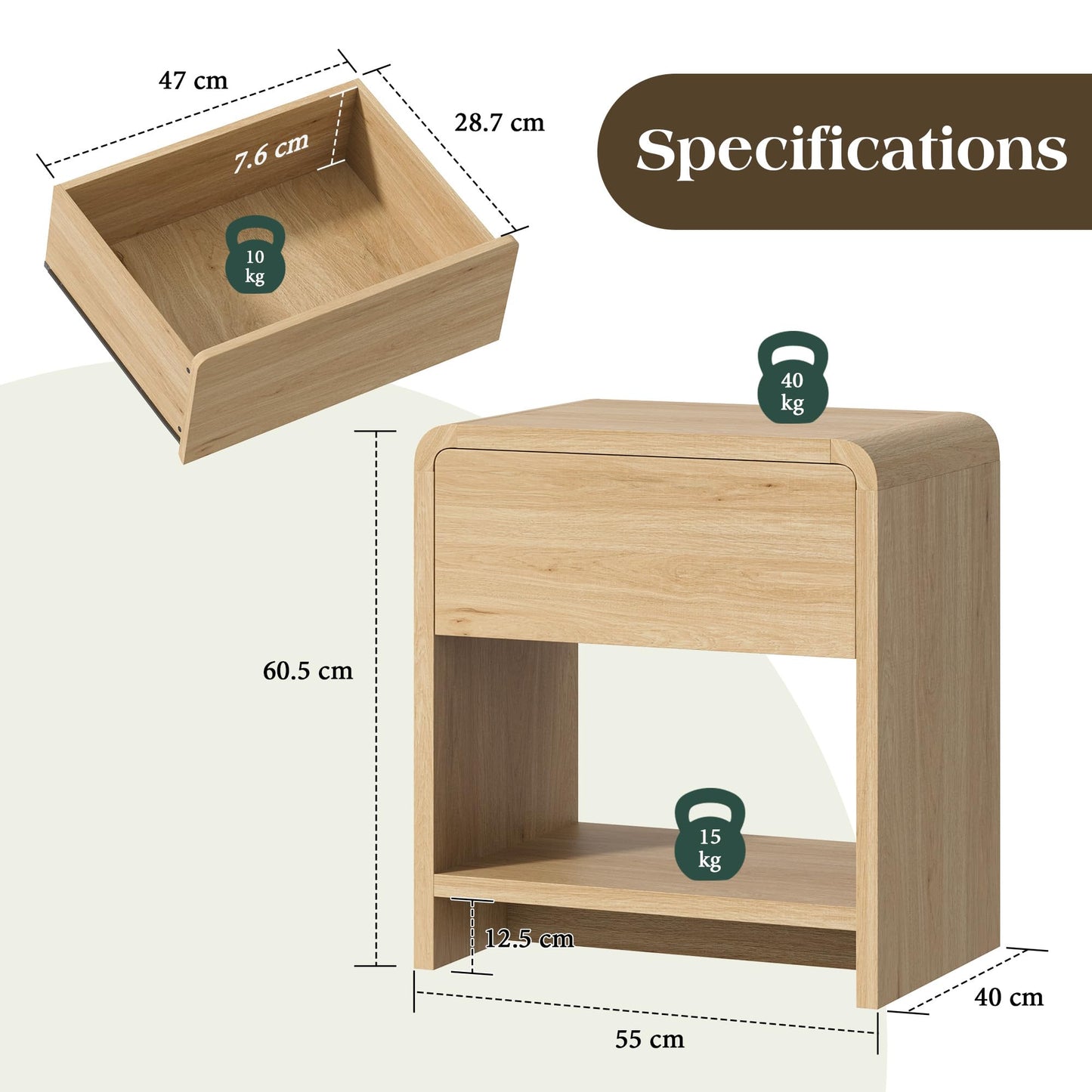 LUXOAK Bedside Tables, Oak Effect, Set of 2
