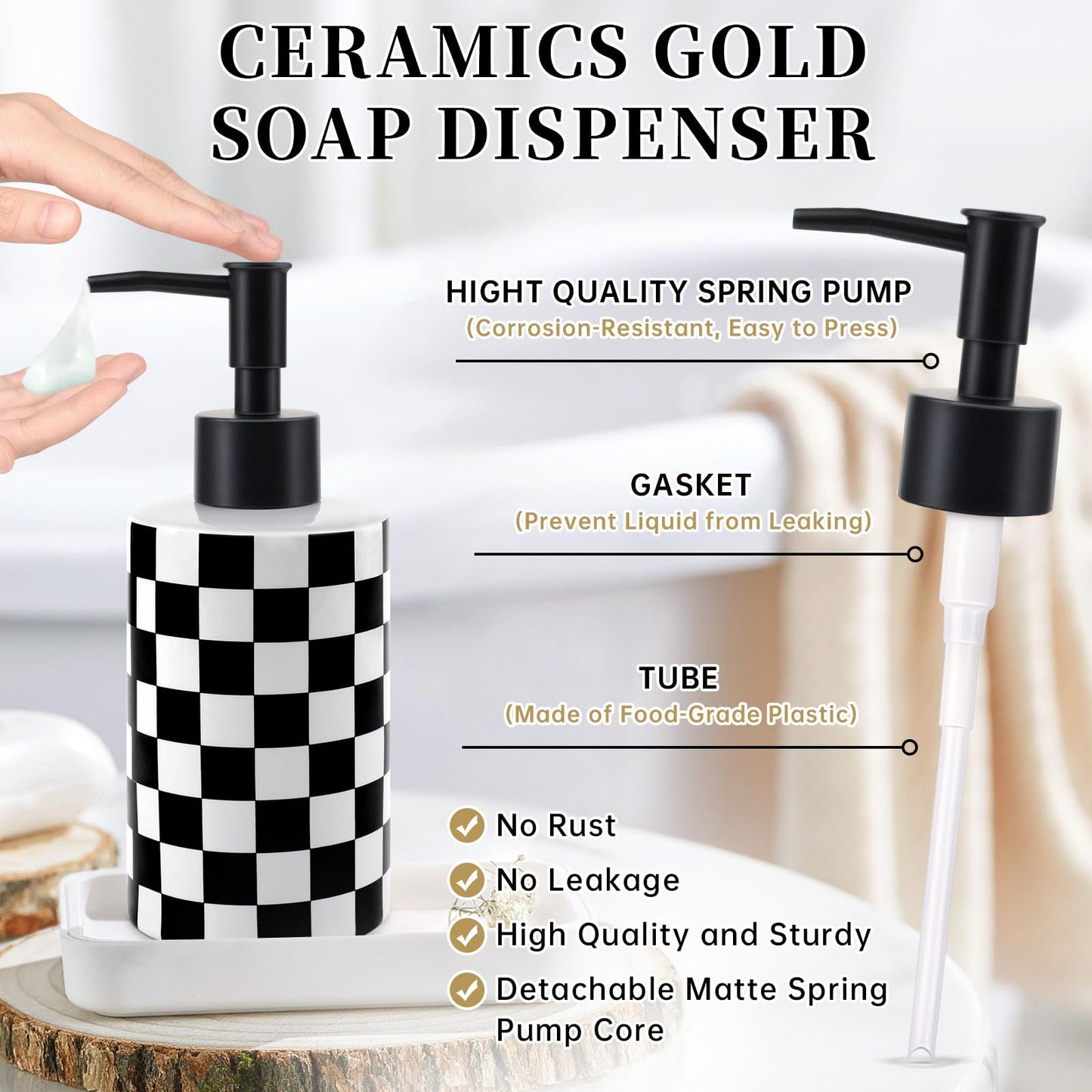 Soap Dispenser with Matte Black Pump, Ceramic Soap Dispenser Bathroom, Checkerboard Dish Soap Lotion Dispenser for Kitchen Sink