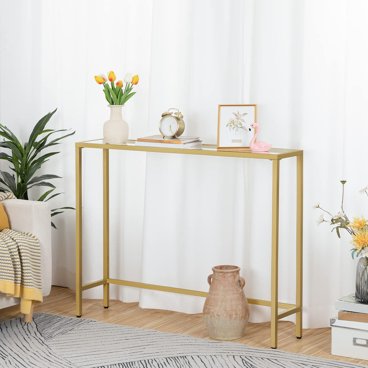 HOOBRO Gold Console Table for Hallway Slim, 100 cm Tempered Glass Sofa Table, Slim Hallway Table, Glass Console Table, Modern Display Table for Living