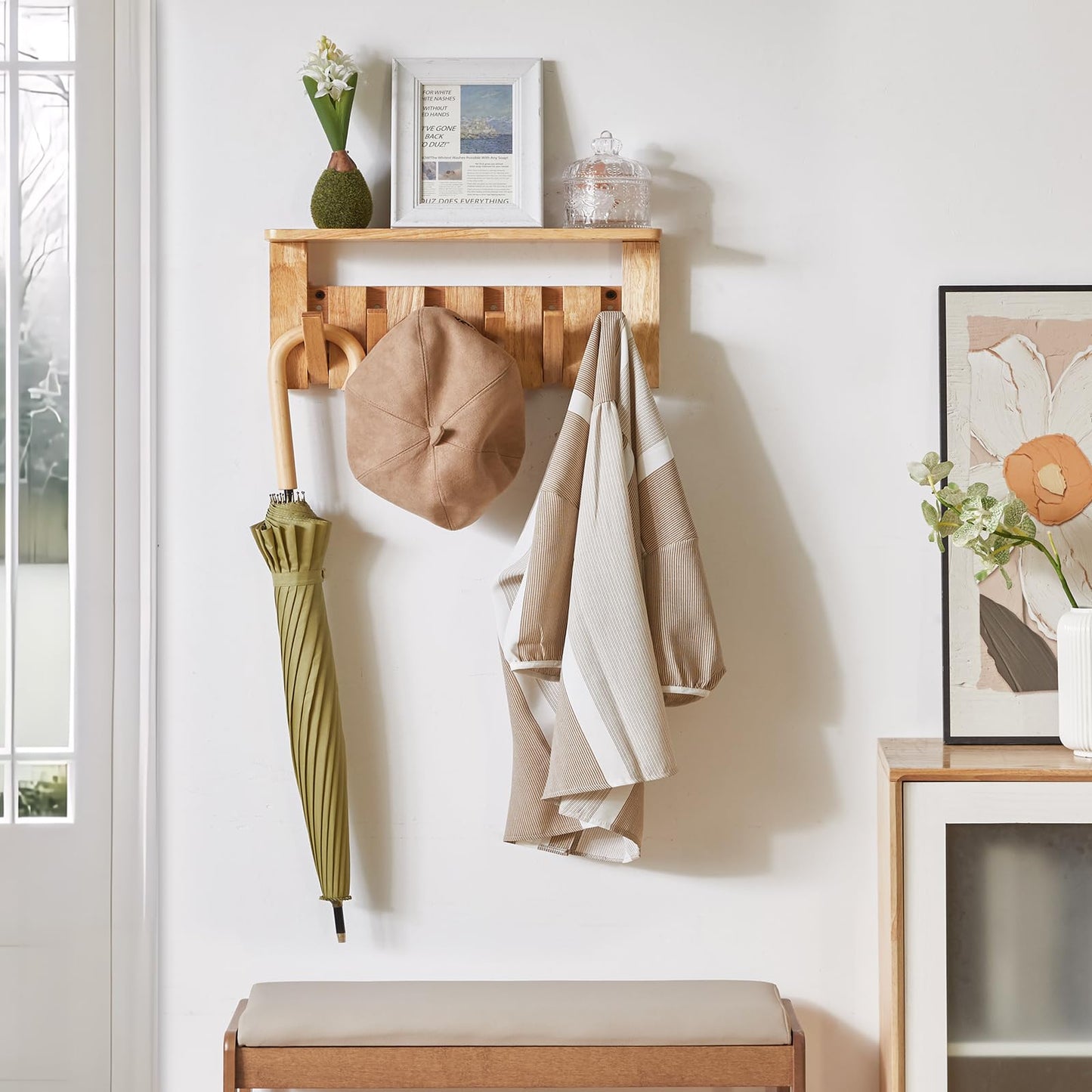 YMYNY Piano Key Coat Hooks Wall Mounted with Shelf, Natural, HWS008N-2