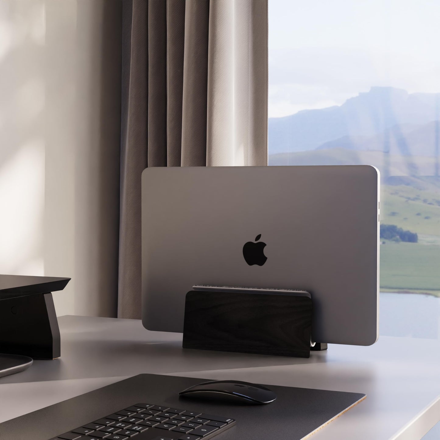 Raico Vertical Laptop Stand Adjustable Walnut Wood Dock Clamshell for Macbook Holder for Desk (Black Wood, Single Slot)
