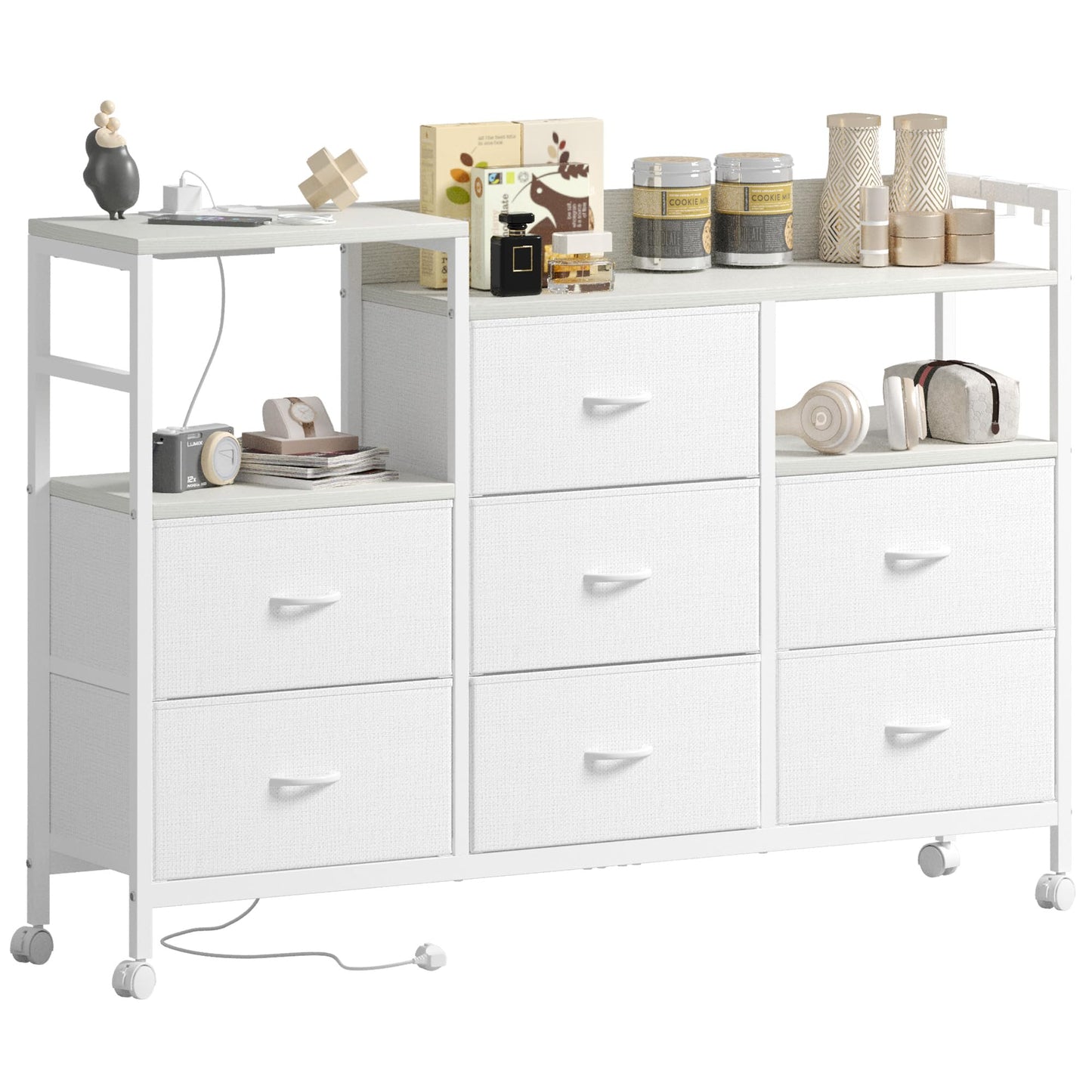 Lutown-Teen Large Chest of Drawers with Charging Station, Fabric Dresser for Bedroom on Wheels, Cabinet Stand for 32 Inch TV with Open Storage Shelf
