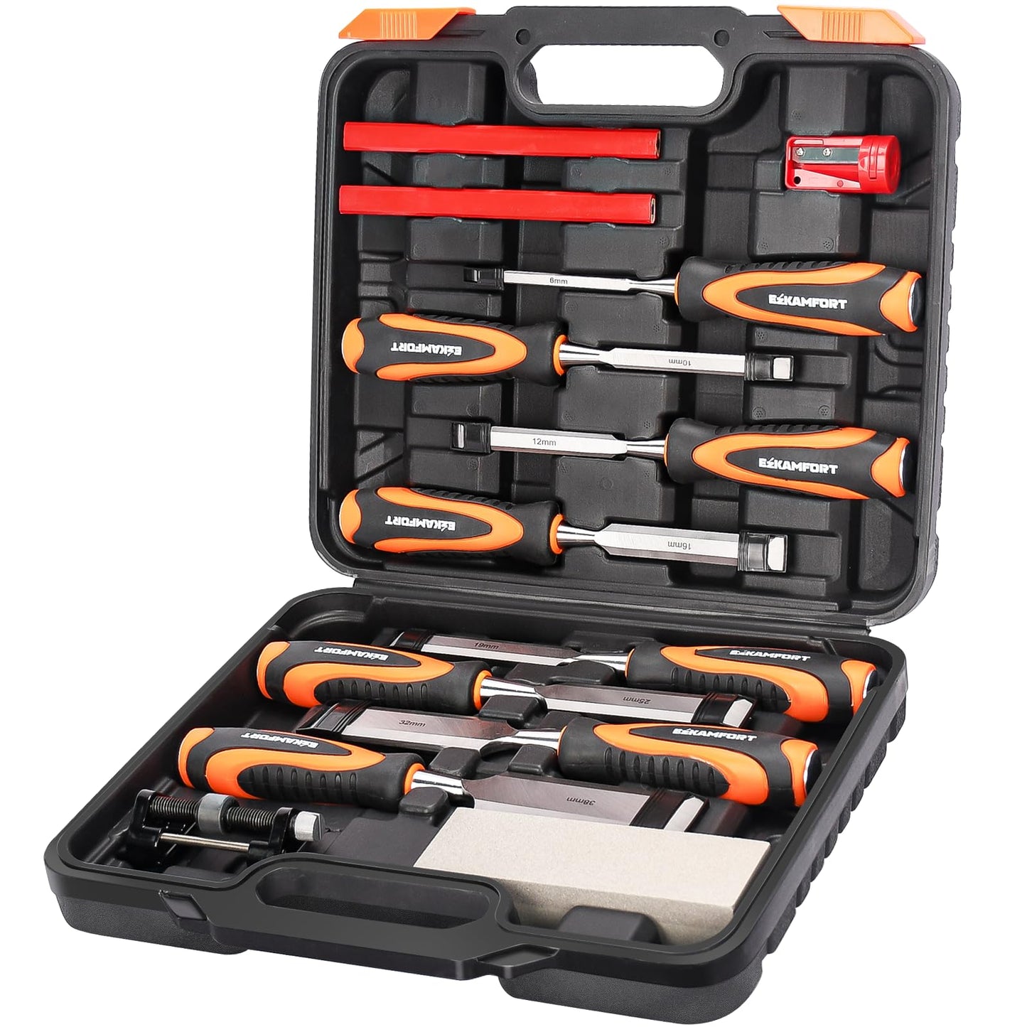 Ezkamfort 13-Piece Chisel Set, Chisel Set, Woodworking Tools Set- Wood Carving Tools, Wood Chisel Sets with Sharpening Stone, Honing Guide and Storage