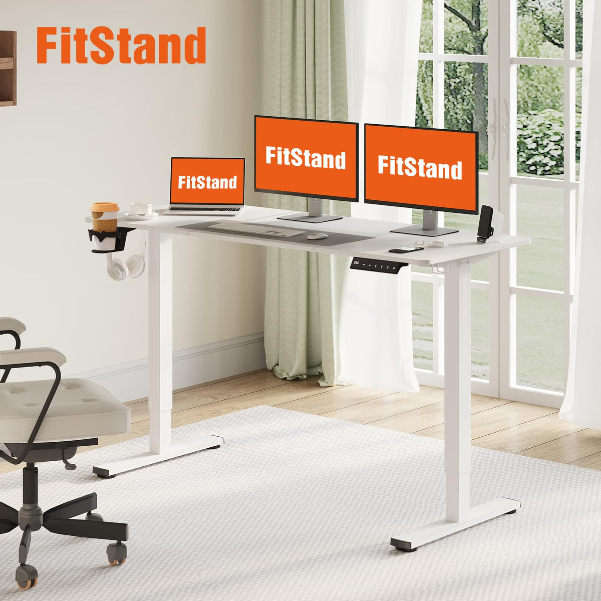 FitStand 140x60cm Electric Height Adjustable Standing Desk, Sit Stand Desk, Computer Desk With Hooks, Child Lock, Memory Function