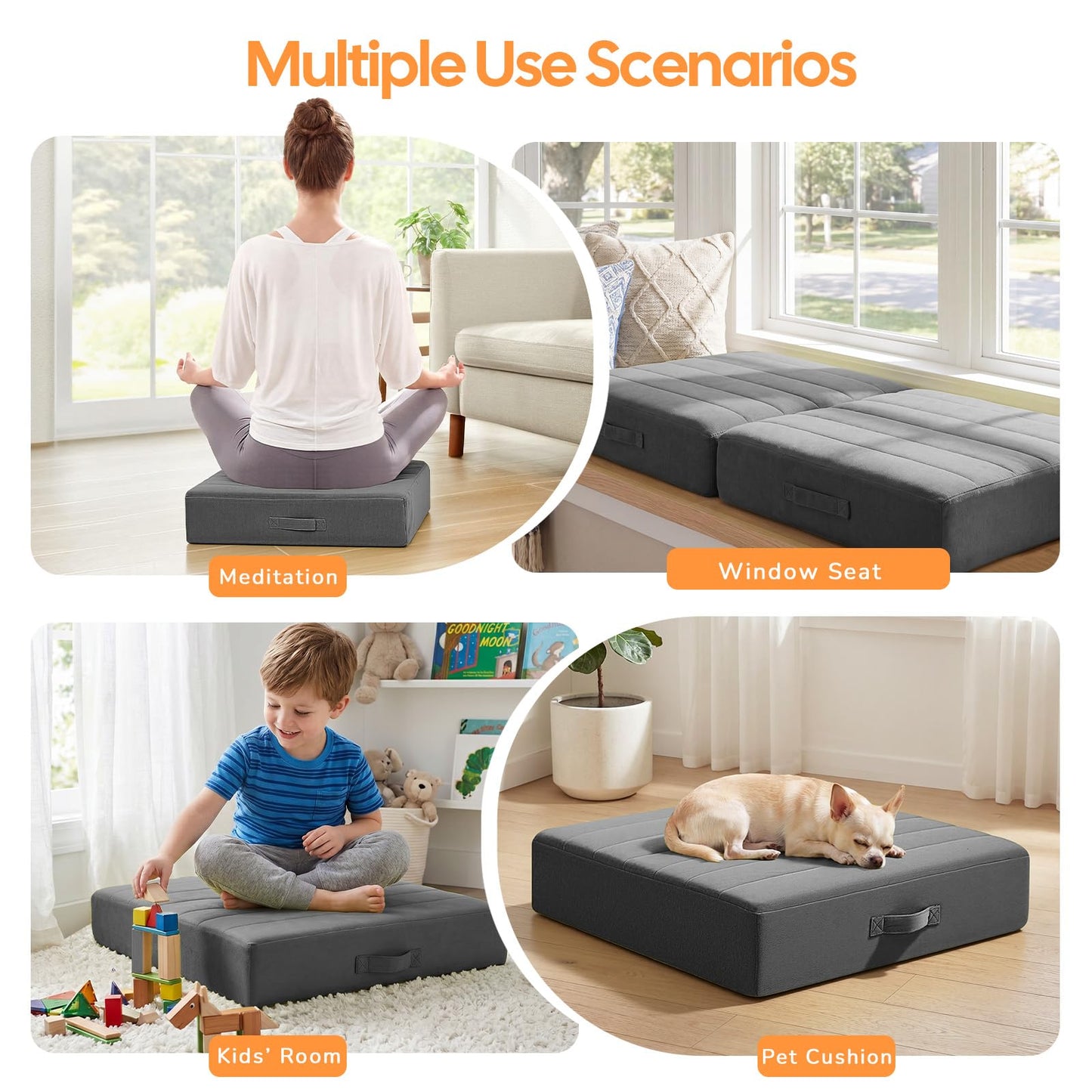 MeMoreCool Square Floor Pillow Seating for Adults Kids, Large Meditation Cushion Floor Pillow with Thick Foam & Soft Tufted Cover