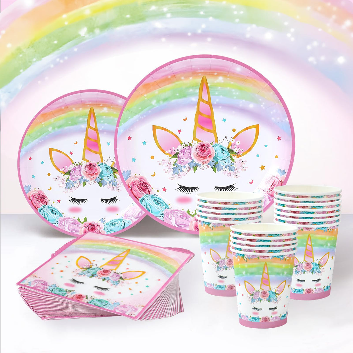 Unicorn Paper Plates Cups and Napkins Set - 96pcs Unicorn Theme Girls Birthday Tableware Set Including Pink Party Plates Cups and Napkins for Girl,