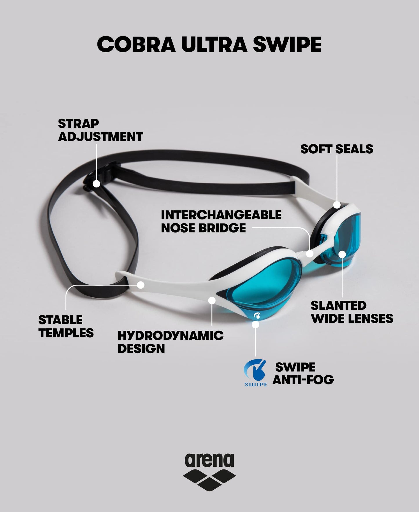 arena Cobra Ultra Swipe Unisex Adult Racing Swimming Goggles, Swimming Pool Goggles with Curved Lenses, Anti-Fog, UV Protection, 5 Interchangeable
