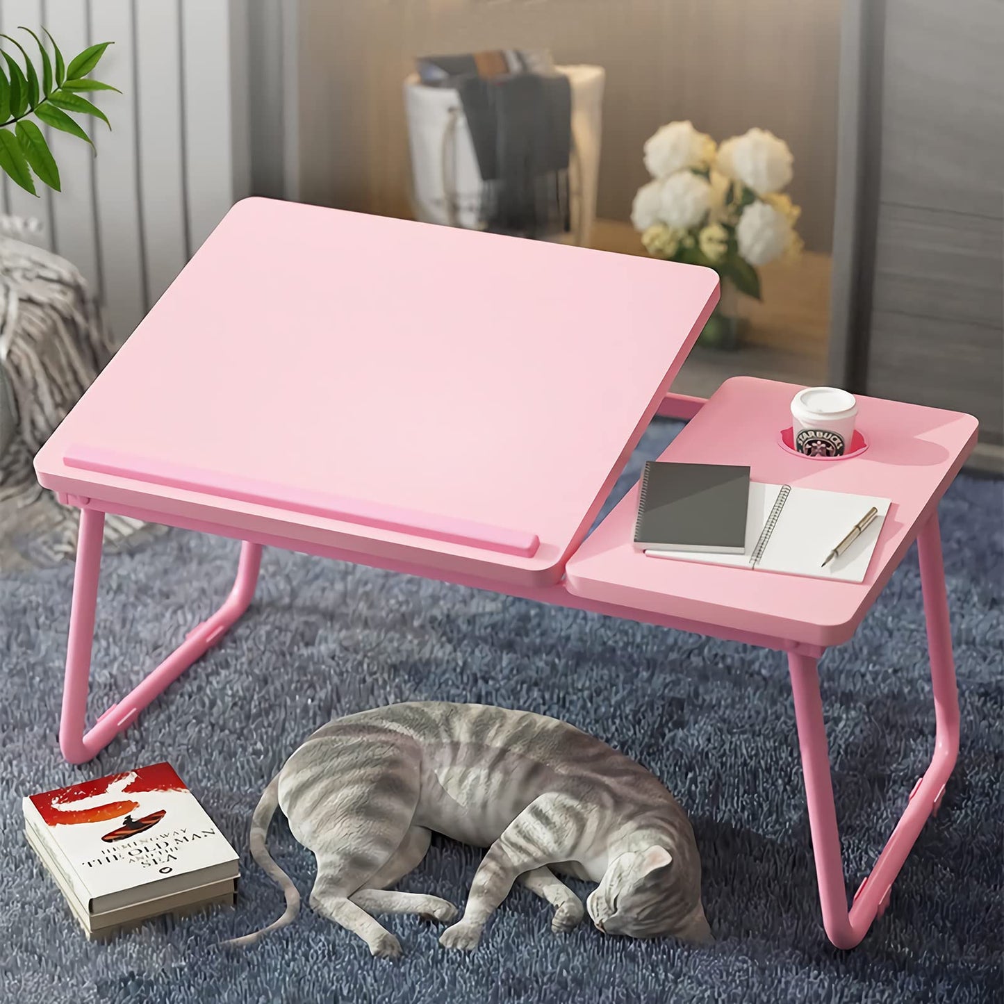Laptop Desk, Laptop Bed Table with Foldable Legs & Cup Slot, Reading Holder Notebook Stand Breakfast Bed Tray Book Holder for Sofa, Bed, Terrace
