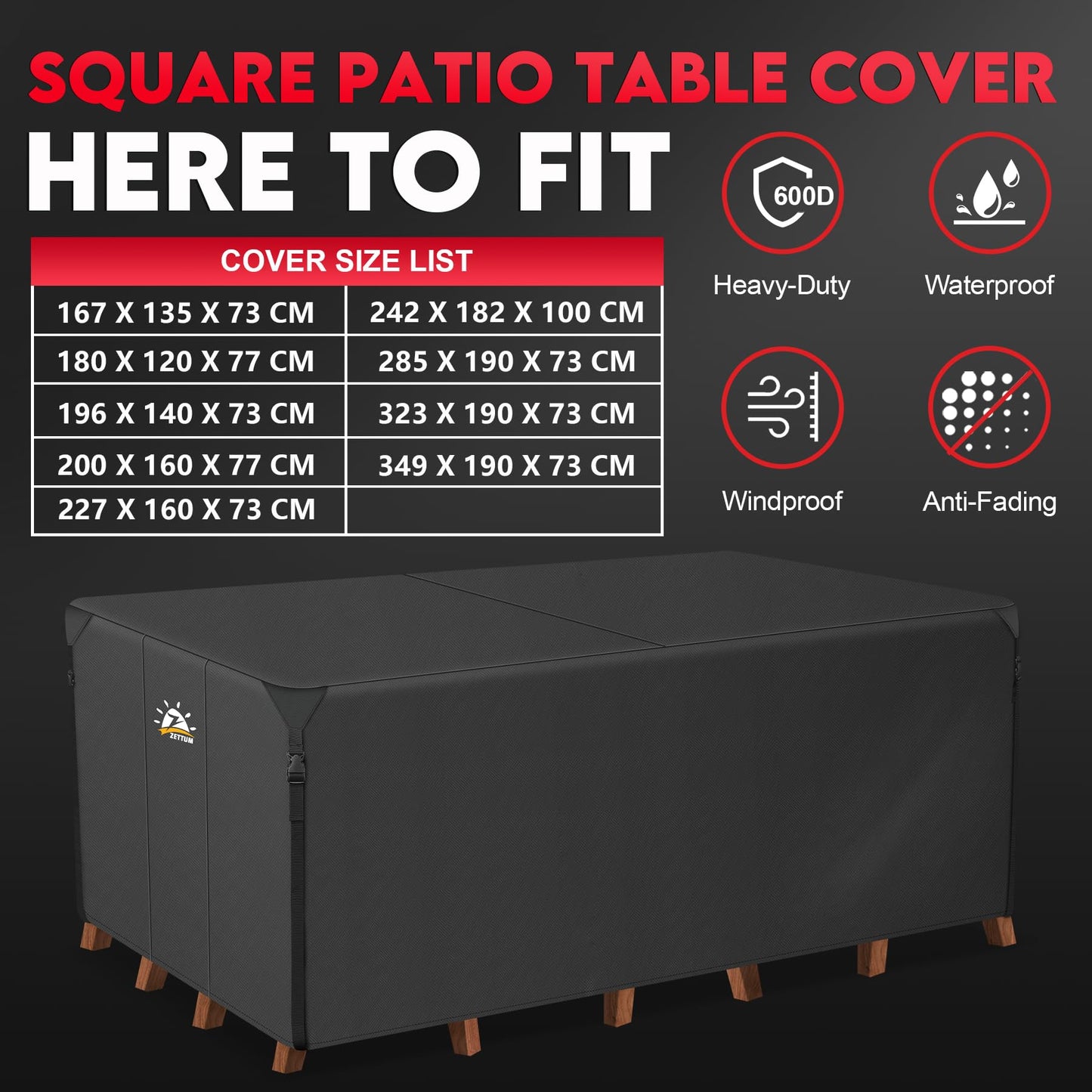 Zettum 285x190x73cm Large Garden Furniture Covers Rectangular 600D Heavy Duty Oxford Fabric Furniture Cover for Patio Table and Chair Set Anti Rain &