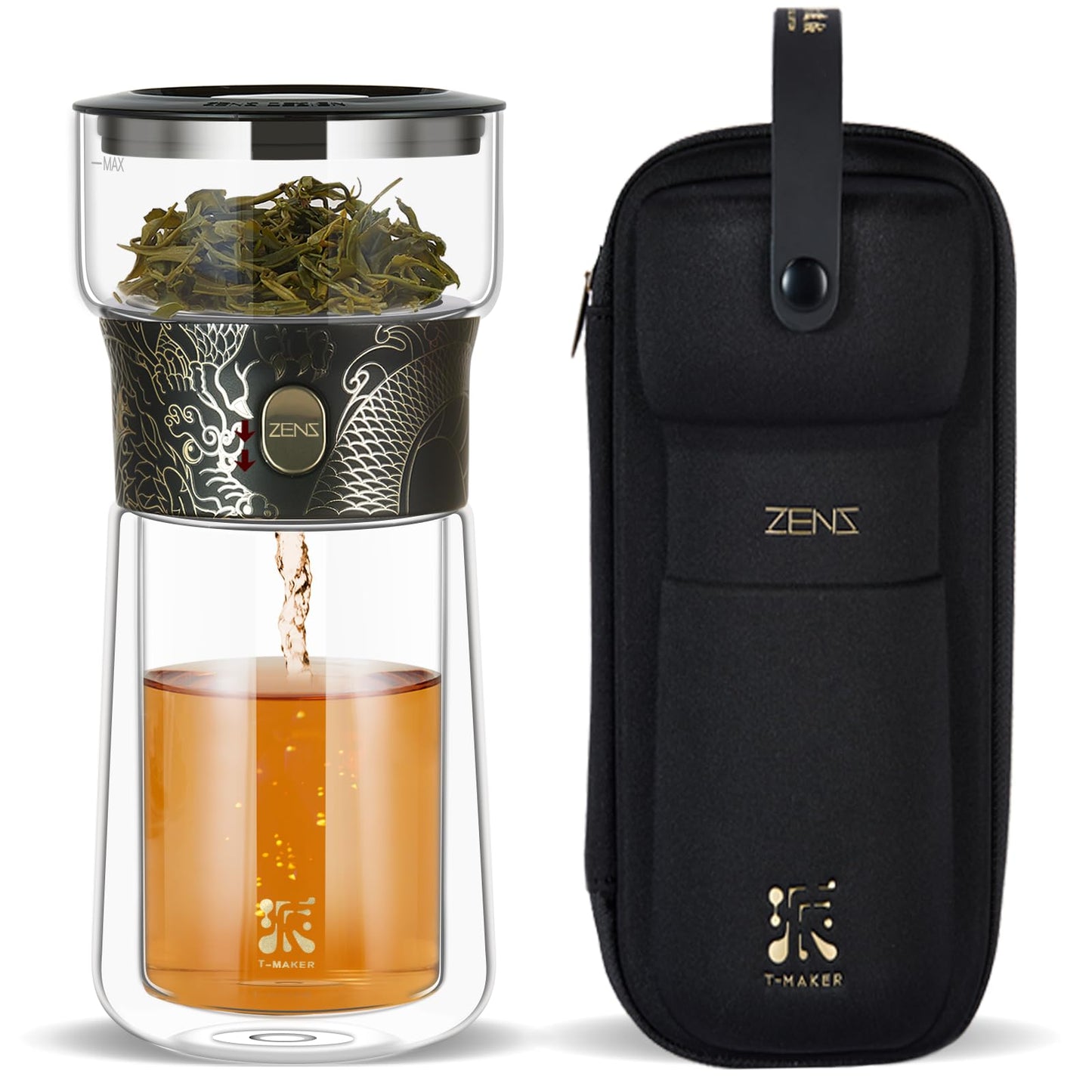 ZENS Cool Glass Teapot with Infuser, Smart One Touch Tea Maker, Loose Tea Infuser Pot with Insulated Cup and Portable Carry Case for Hot Tea