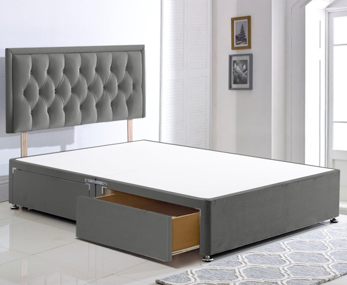 ComfoRest - 3FT Single Grey Bed Frame with 2 Drawers | Stylish Divan Base with 24? Headboard | WITHOUT MATTRESS, Modern Design for Compact Spaces
