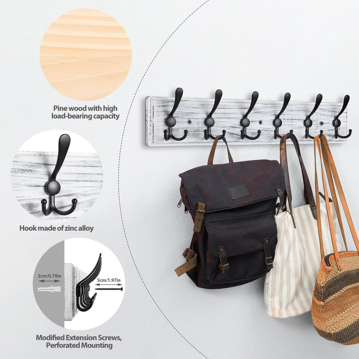 PHINGEER Wall Mounted Coat Hooks, Wooden Heavy Duty Coat Rack for Wall,6 Triple Coat Hanger Hooks for Hanging Coats,Jacket,Hat,Clothes(Grey White, 6