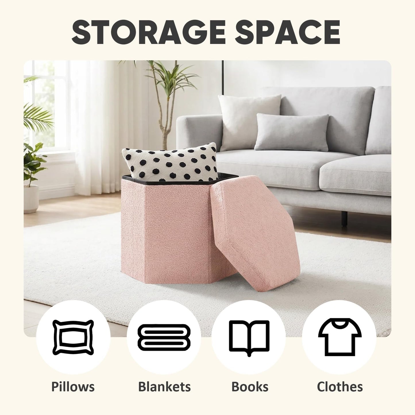 PINPLUS Boucle Ottoman Storage, Hexagonal Foldable Footrest, Pink