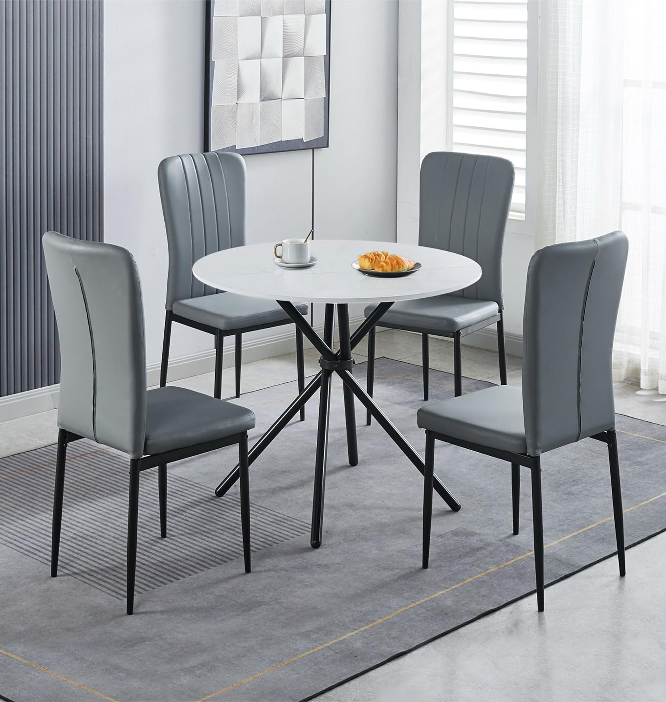 Hallowood Furniture Cullompton Small Dining Table and Chairs Set 2, White Marble Effect Round Table and 2 Faux Leather Chairs in Grey High Back,