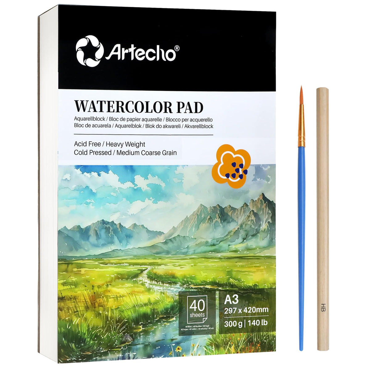 Artecho Watercolour Paper A3 Pad 40 Sheets with Watercolour Brush and Pencil, Water Colour Paper 300gsm, Art Paper Pad, Watercolour Sketchbook for