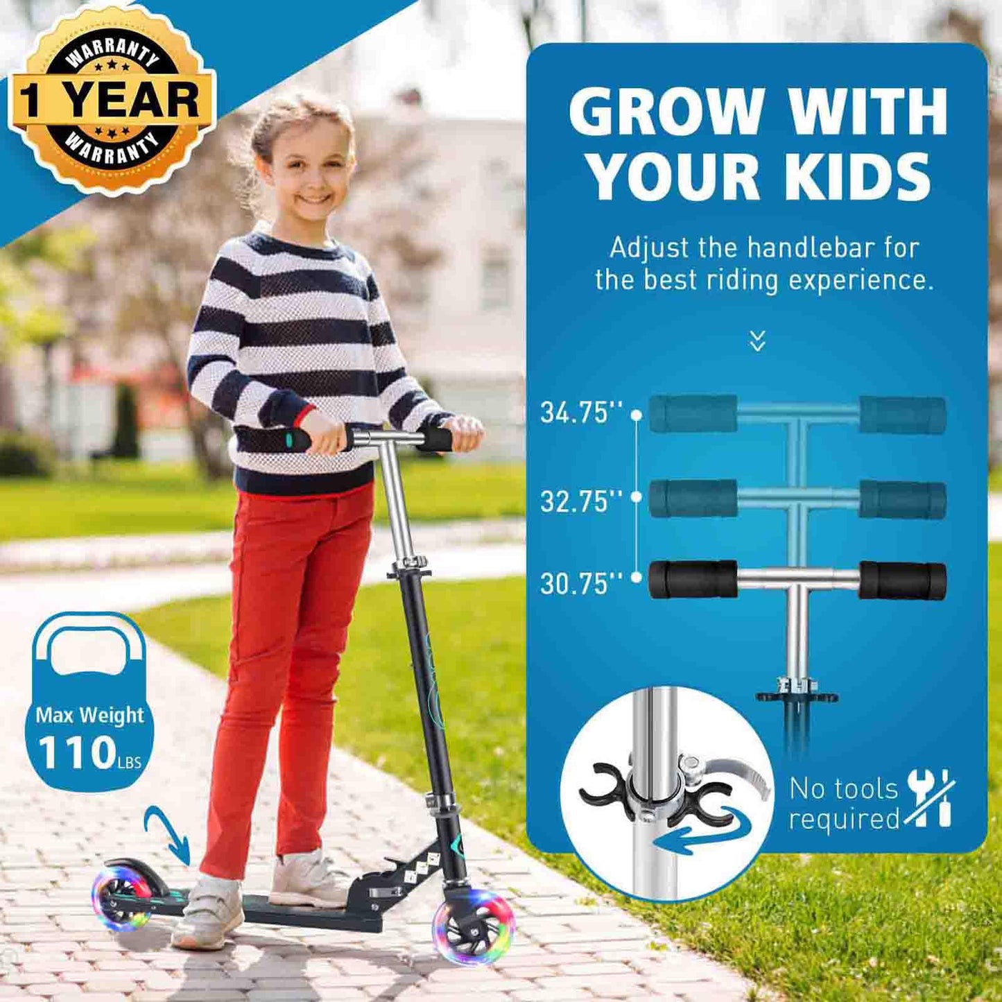 BELEEV V1 Scooter for Kids, 2 Wheels Folding Kick Scooter for Children Girl and Boys, 3 Adjustable Height, Flashing Light up Wheels, Lightweight