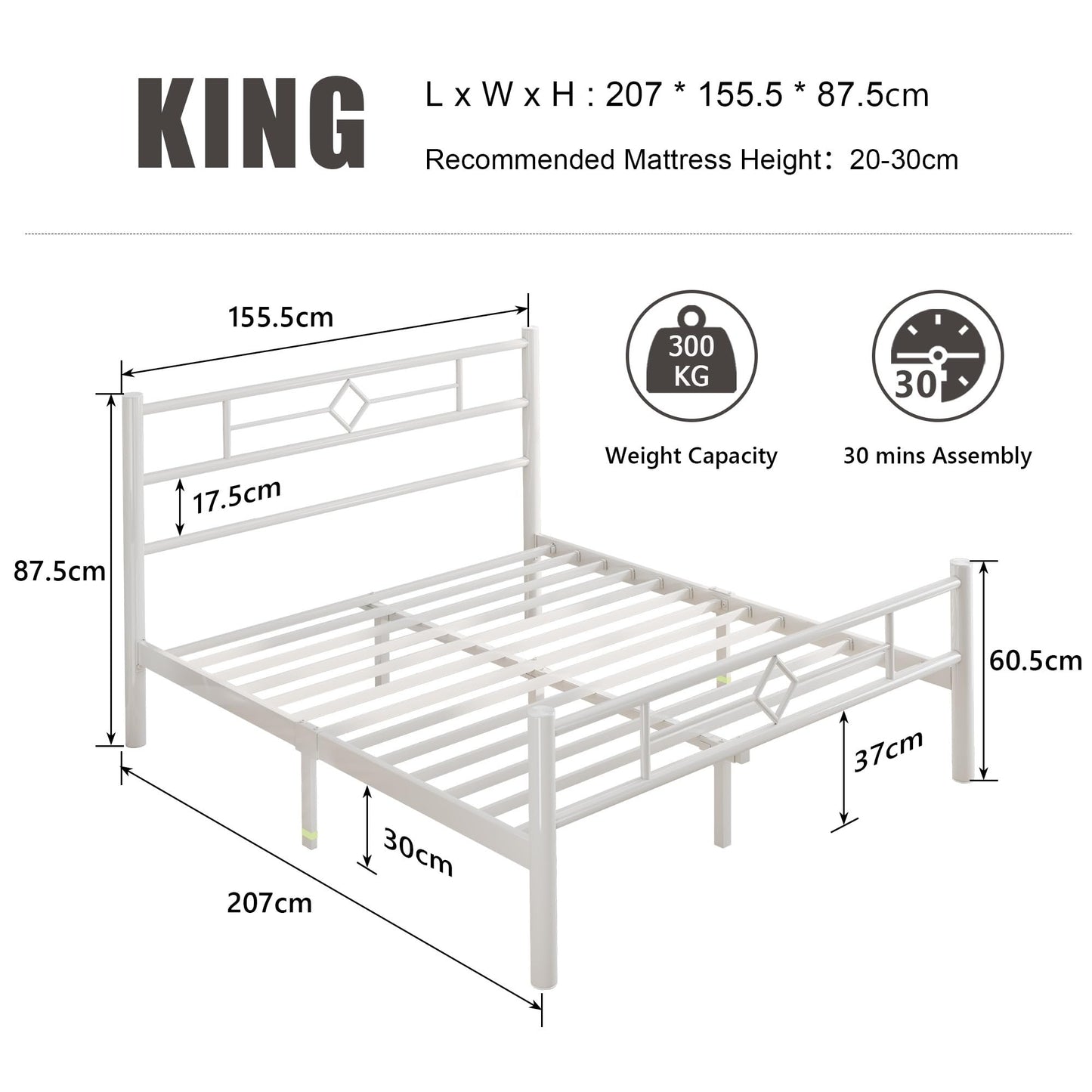 Feonase King Size Bed Frame with Headboard and Footboard, Metal Platform Kingsize Bed Frame with Underbed Storage, Solid Metal Slats Support
