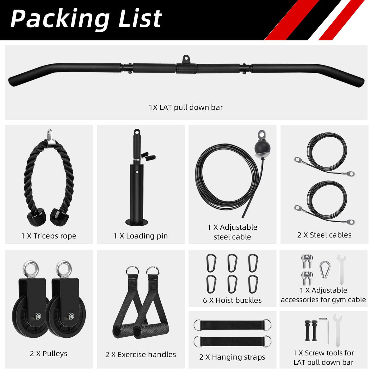 LFJ Cable Pulley System Home Gym, Lat Pull Down Machine Attachment Tricep Rope Bar Gym Equipment (Set with LAT Pull Down Bar)