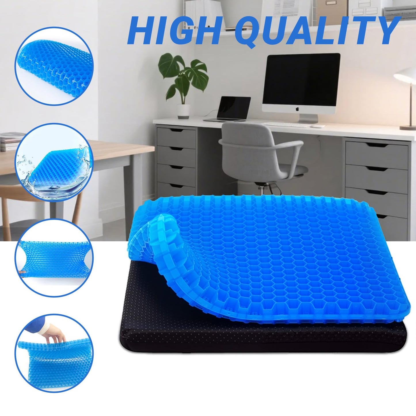 Gel Seat Cushion, Large Gel Seat Cushion for Long Sitting with Non-Slip Covers, Breathable Honeycomb Cushion Pressure-Relieving for Office Chair/Car