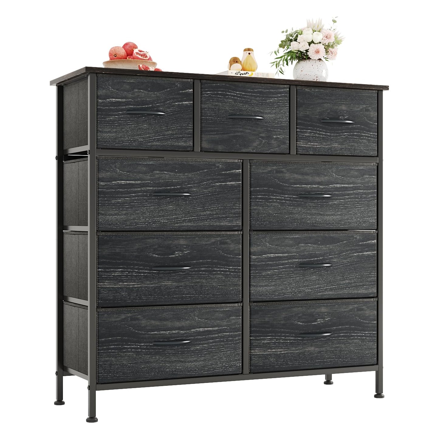 CAIYUN Chest of Drawers with 9 Drawers, Fabric Storage Dresser for Bedroom, Tall Drawer Organizer Unit for Entryway, Hallway,Charcoal Black
