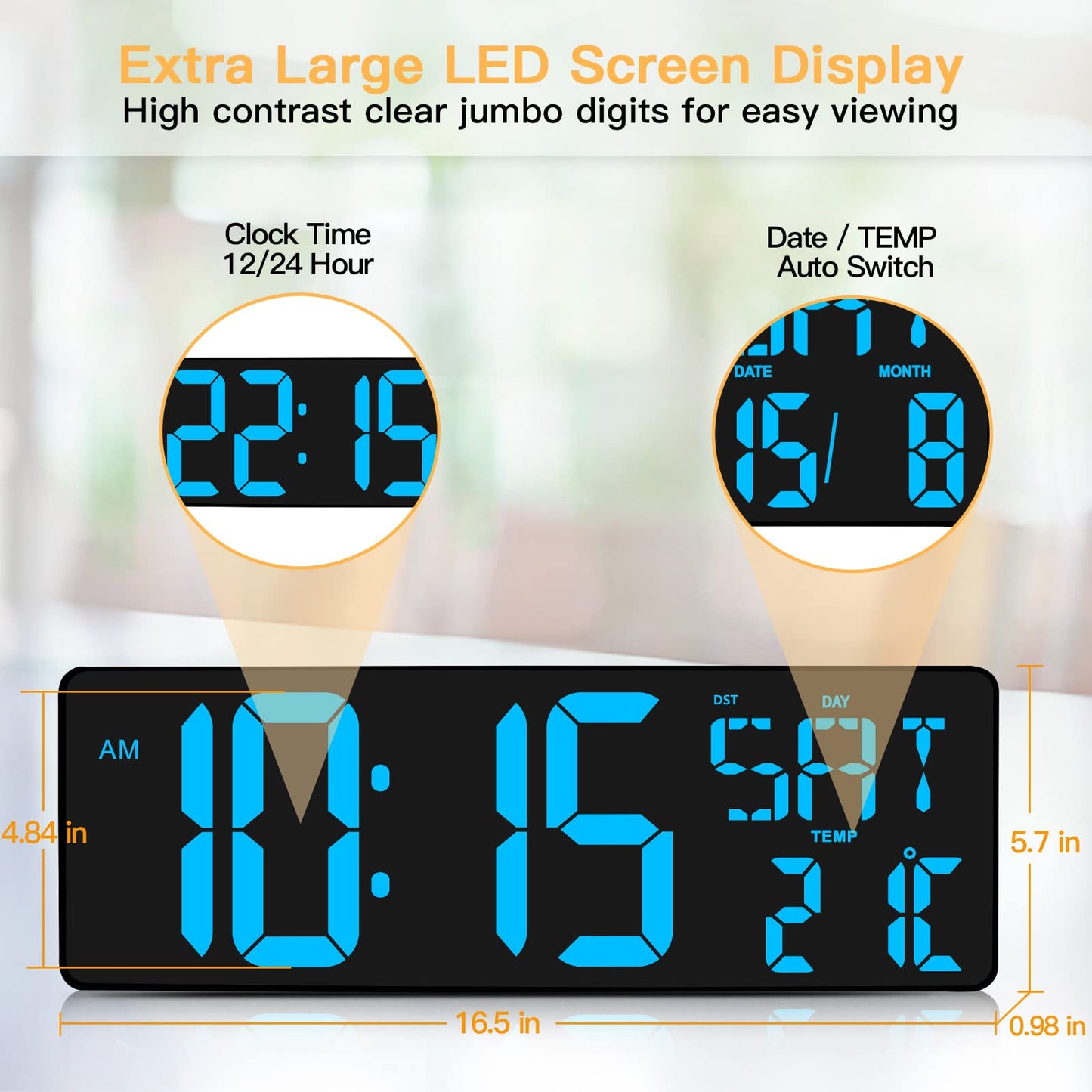 XREXS Large Digital Wall Clock with Remote Control, 16.5 Inch LED Large Display Count Up & Down Timer, Adjustable Brightness Alarm Clock with