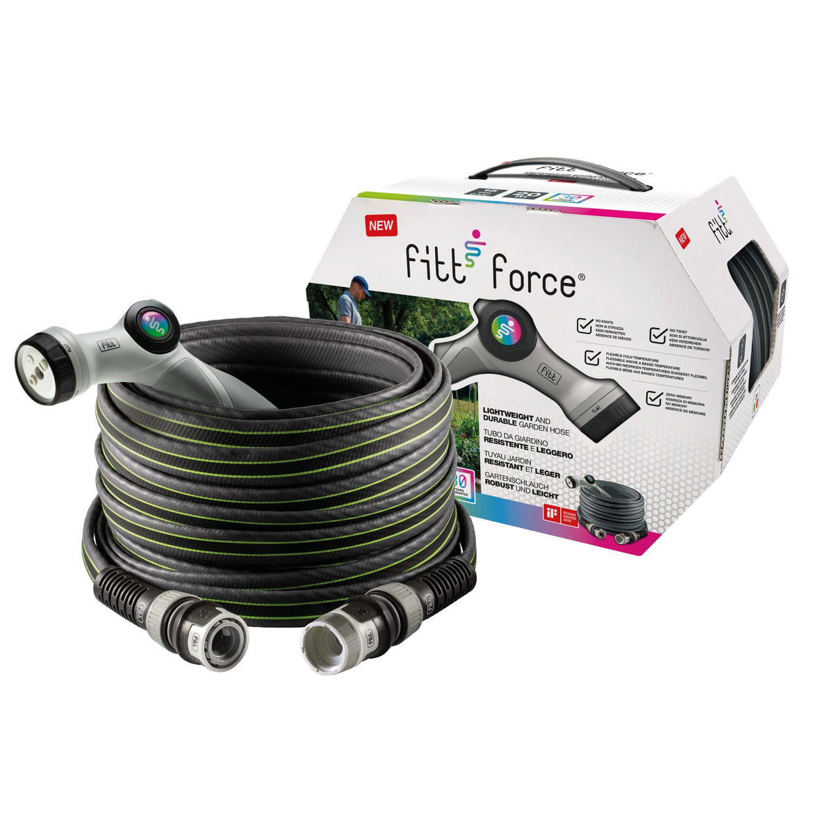 FITT Force 5/8" 25m, Garden Water Hose for Irrigation, Compact, Light and Resistant for Intensive use, with Multi-Jet Gun, Grey with Green Stripes