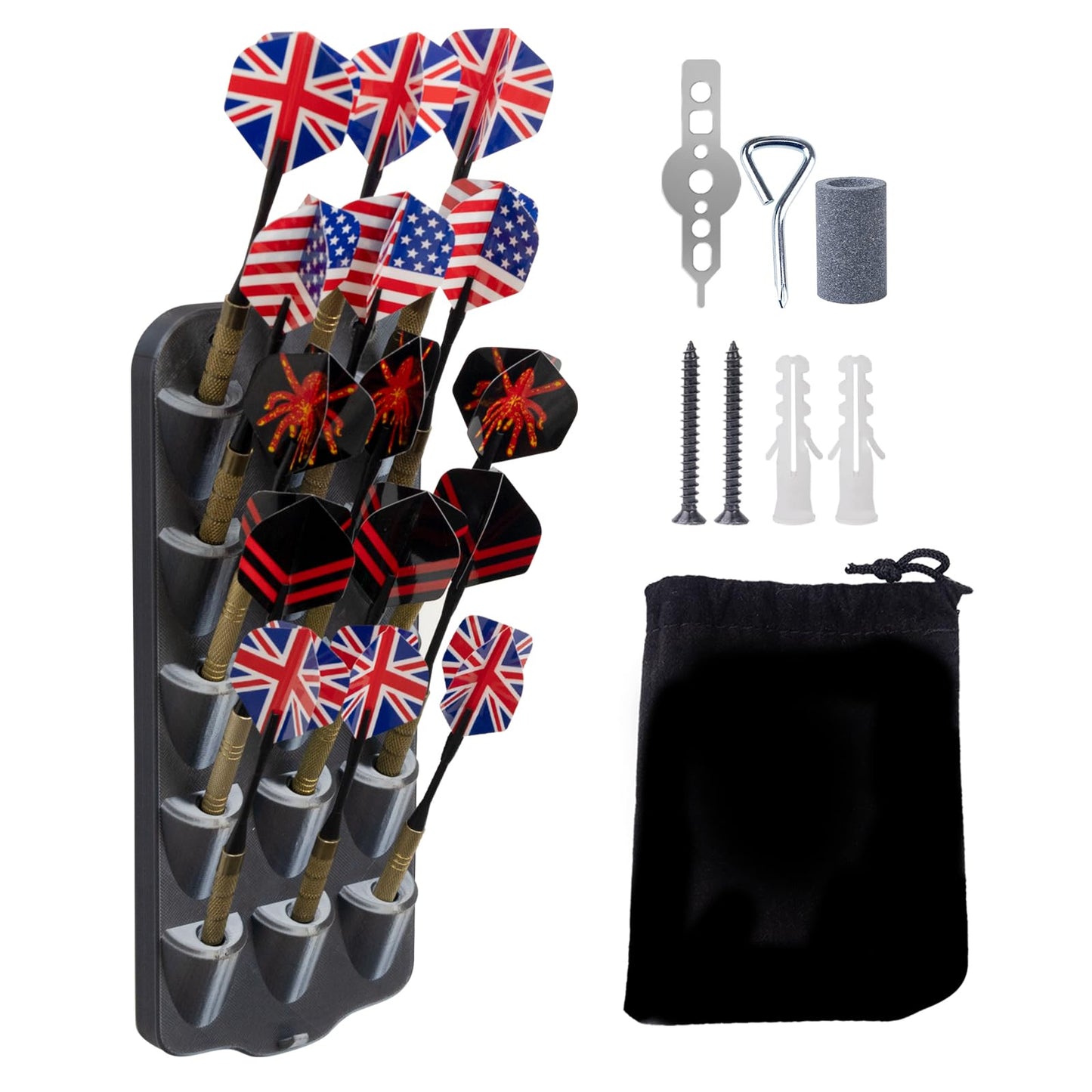 Extguds Dart Holder Wall Mount,Dart Display Rack Displays 15 Steel/Soft Tip Darts,Dart Stand with Storage Bag,Dart sharpener,Dart