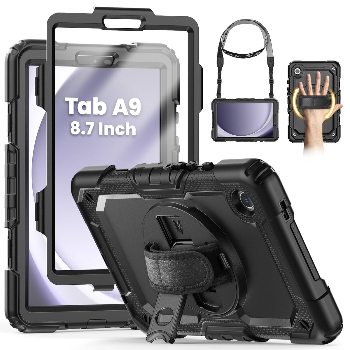 SEYMCY Case for Samsung Galaxy Tab A9 8.7 inch 2023, Full Body Shockproof with Screen Protector, 360? Rotating Hand Strap & Stand, Shoulder Strap for