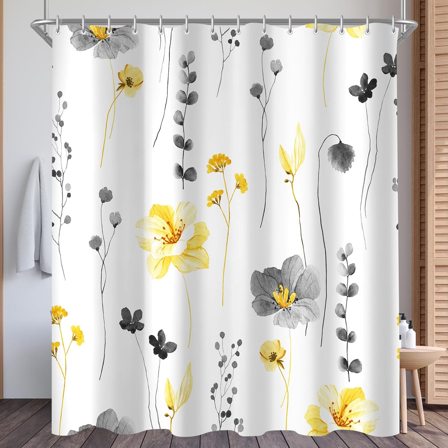 Lerores Shower Curtain, 150 x 200 cm, Yellow & Grey Flower, Weighted Hem, Anti-Mould, Water-Repellent, Washable Polyester Bath Curtains with 8 Eyelets