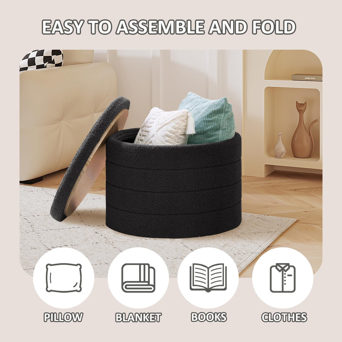 PINPLUS Round Ottoman Storage, Convertible Table, Dark Grey, 56x56x40 cm