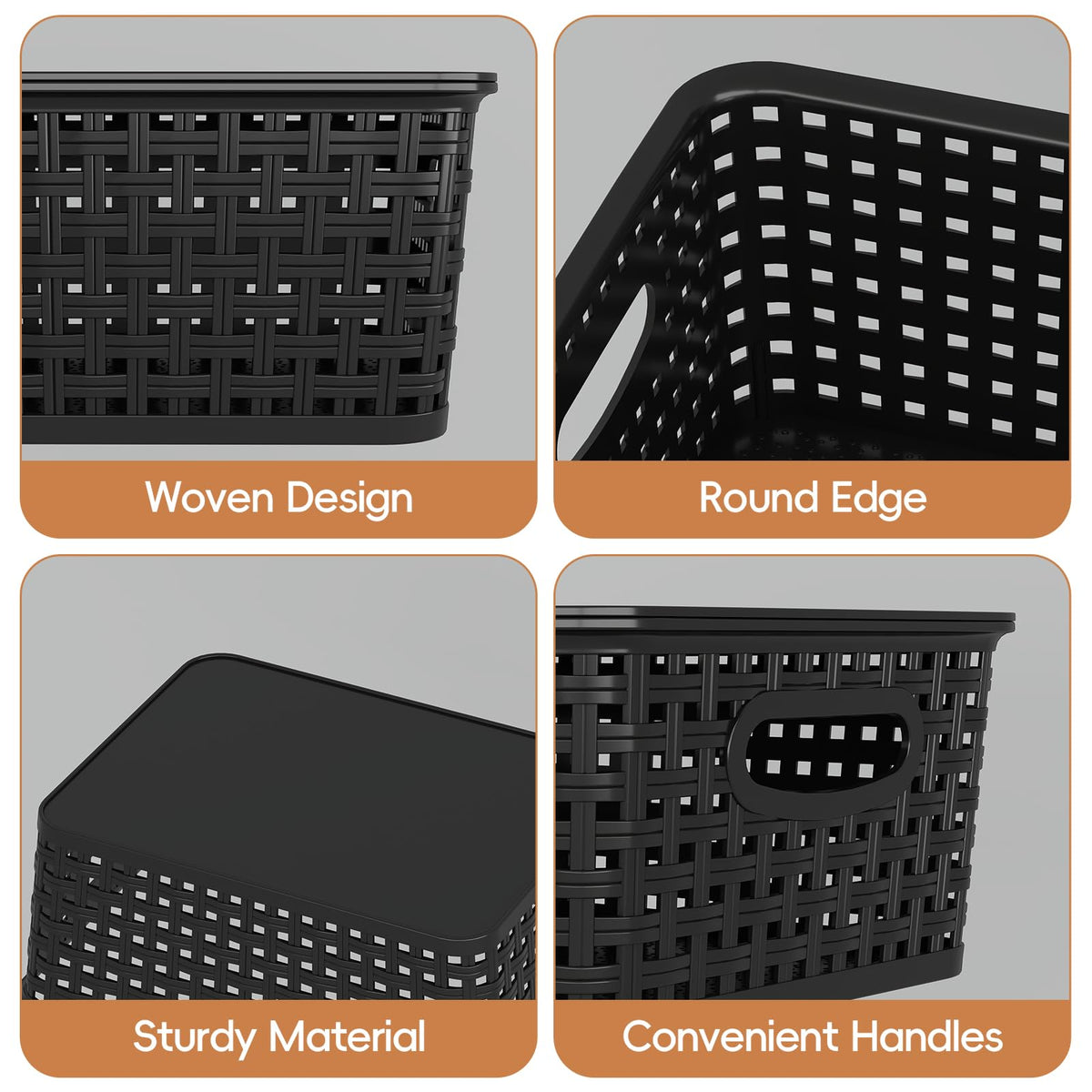 Parlynies Plastic Weave Baskets with Lid, Set of 6 Small Pantry Storage Basket, Black