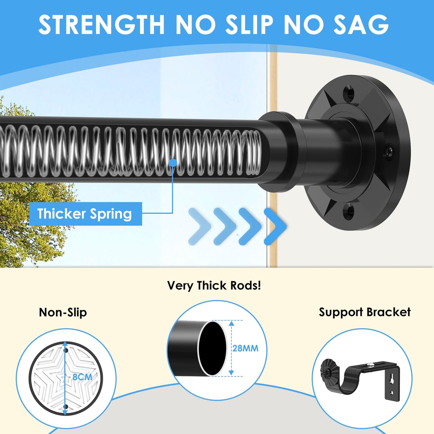 Black Shower Curtain Pole 78-283 cm, Extendable Tension Rod 28mm